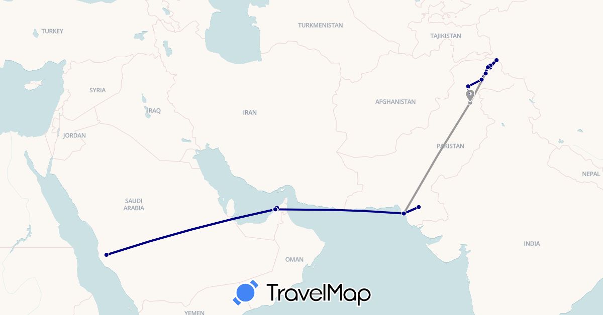 TravelMap itinerary: driving, plane in United Arab Emirates, China, Pakistan, Saudi Arabia (Asia)